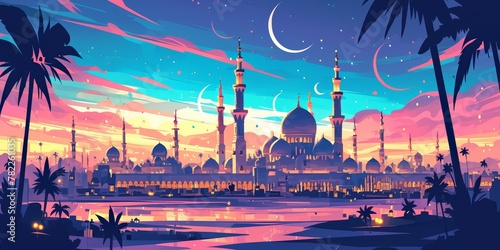 cartoon vector style landscape view of the grand mosque at night photo