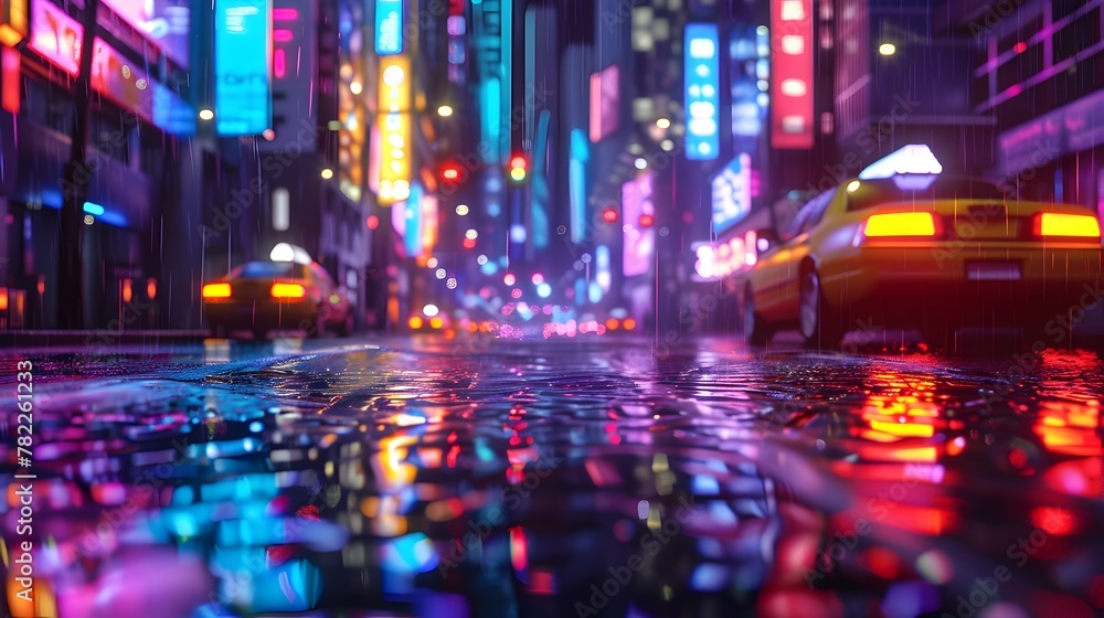 Neon-Lit Nighttime City Street Scene with Dynamic Reflections and Vibrant Lighting Effects