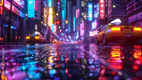 Neon-Lit Nighttime City Street Scene with Dynamic Reflections and Vibrant Lighting Effects © pkproject