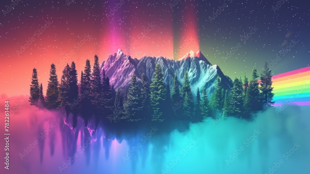 mountain with pine trees and a rainbow floating with neon background,retro,aesthetic,80s,wallpapers,backgrounds,paintings,pine trees,mountain,rainbow,view