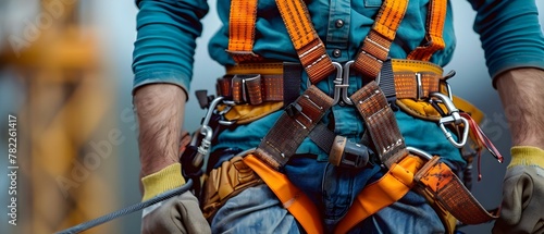 Builder's Safety Gear in Focus: Harnesses & Lines Ready. Concept Construction Safety, Gear Focus, Safety Harnesses, Safety Lines, Construction Worker Gear