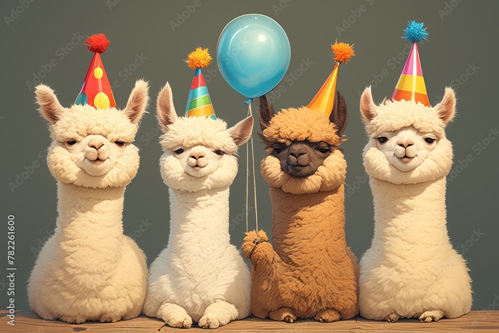Fototapeta premium All the alpacas. In the photo, four funny and fluffy alpacas in colorful birthday hats 
