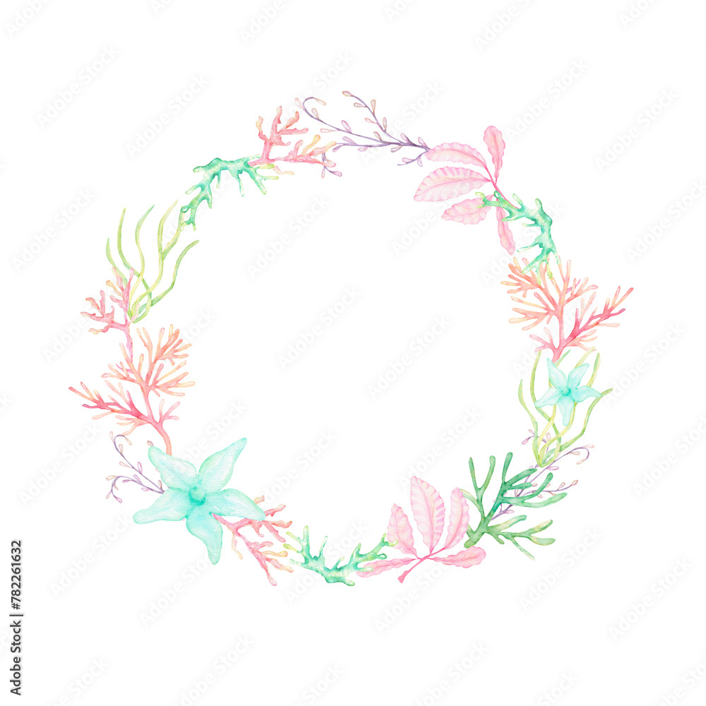 a circle wreath with seaweed and corals