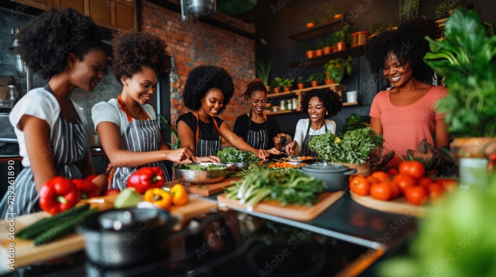A group of women are gathered around a kitchen counter, preparing food together A group of women are gathered around a kitchen counter, preparing food together