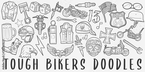 Hard Bikers Doodle Icons Black and White Line Art. Bike Rider Clipart Hand Drawn Symbol Design.