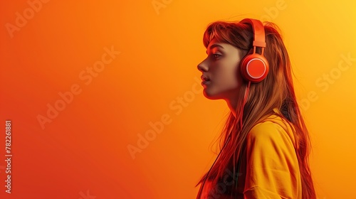 A stunning girl casting a glance sideways, headphones adorning her head, against a minimalist solid-colored background © anupdebnath