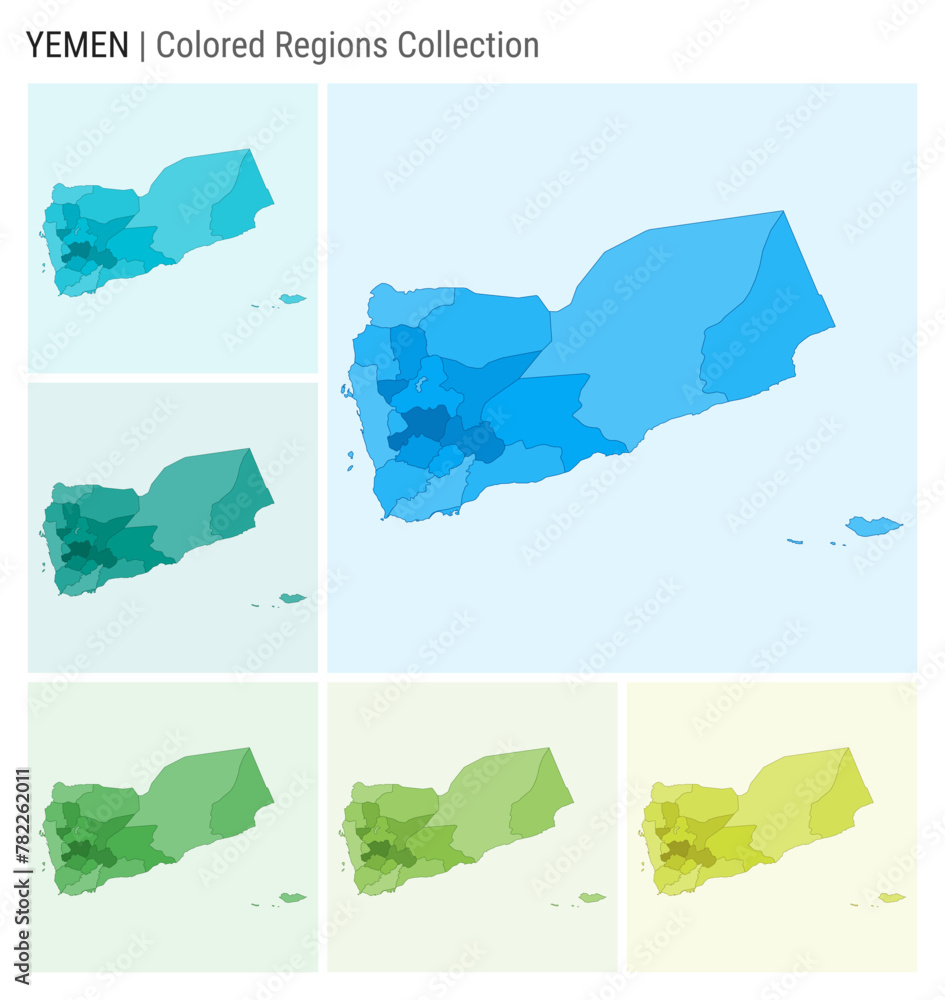 Yemen map collection. Country shape with colored regions. Light Blue ...
