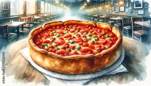 atercolor Painting of a Chicago Deep-Dish Pizza photo