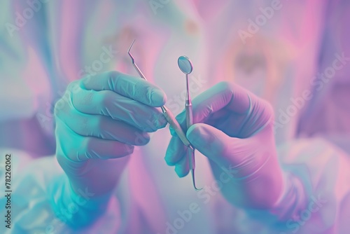 A serene image of a dentist s gloved hands gently cradling examination tools  soft focus