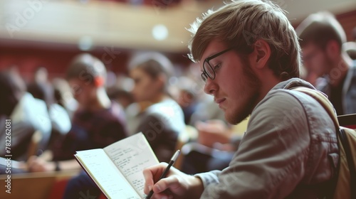 A student diligently jotting down notes in a crowded lecture hall, captured in vivid detail