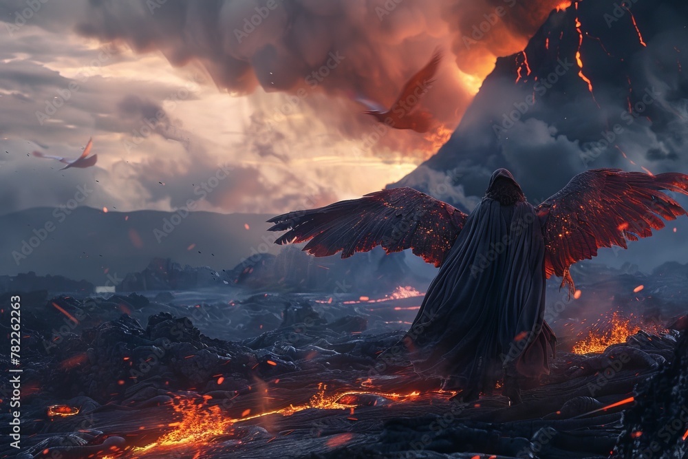 Sorcerer in enchanted robes, crossing lava fields on a phoenix, volcanic ash clouds above, twilight, dynamic lighting