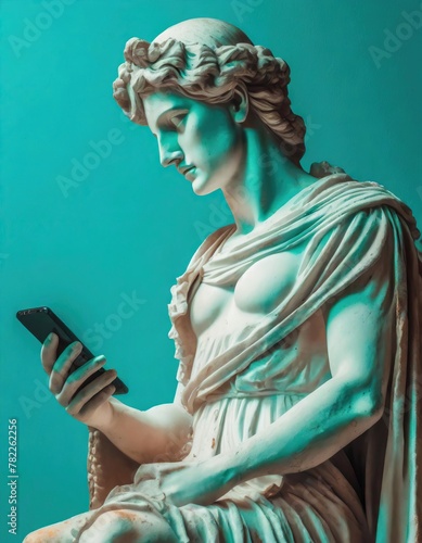 Classical Statue with a Modern Twist Holding a Smartphone, Turquoise Background 