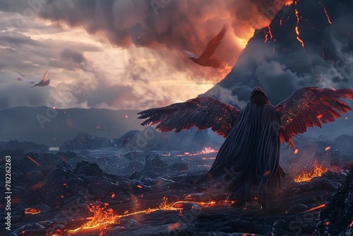 Sorcerer in enchanted robes, crossing lava fields on a phoenix, volcanic ash clouds above, twilight, dynamic lighting photo