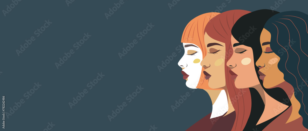 Vector banner with place for text. Strong beautiful women of different cultures stand side by side side pose. The concept of feminism, gender equality, protection of rights and freedoms, women's right Vector banner with place for text. Strong beautiful women of different cultures stand side by side side pose. The concept of feminism, gender equality, protection of rights and freedoms, women's right