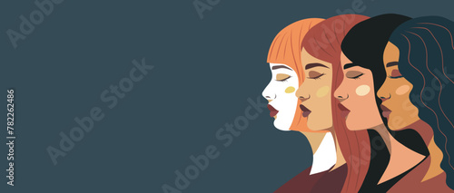 Vector banner with place for text. Strong beautiful women of different cultures stand side by side side pose. The concept of feminism  gender equality  protection of rights and freedoms  women s right