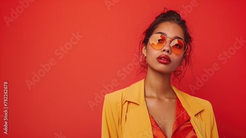 A stylish and confident woman embodying the essence of a supermodel, against a solid color backdrop