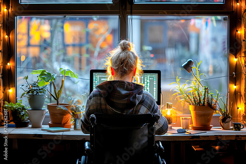 Freelancer working late in cozy home office