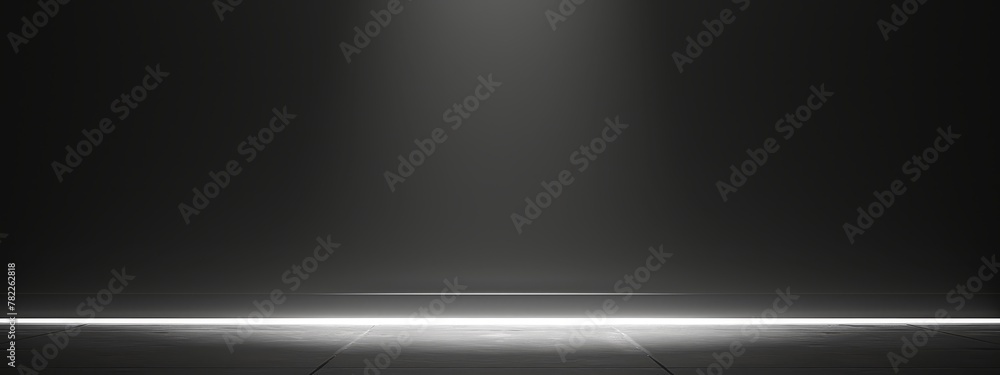 Black empty podium scene with spotlight for product presentation. Dark background with metal wall and round stage platform in studio room. Abstract modern technology showcase space concept