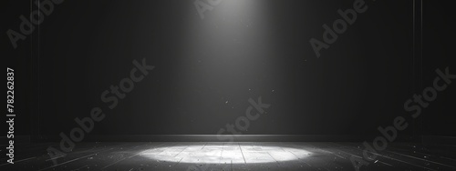 Black empty podium scene with spotlight for product presentation. Dark background with metal wall and round stage platform in studio room. Abstract modern technology showcase space concept photo