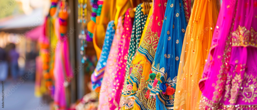 Brightly colored decorations adorn a bustling Indian festival, creating a vibrant and lively atmosphere.