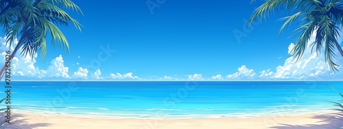 blue water and beach background, palm trees, ocean waves, summer concept. Background for product presentation on the stage