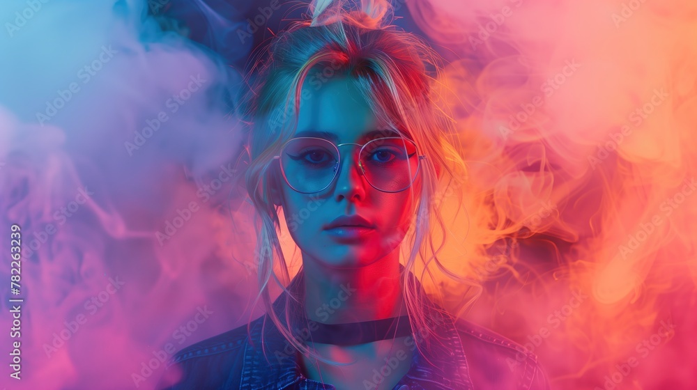 Amidst the surreal ambiance of neon lights and billowing smoke, a trendy young girl with blond hair and glasses exudes confidence