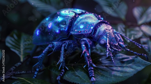 Cybernetic beetle, armored shell, closeup, metallic blues and purples, against a moonlit leaf, alien beauty © kitinut
