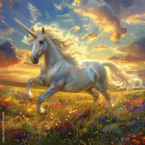 Enchanted unicorn galloping across a meadow filled with rainbow flowers  under the golden light of a sunset sky