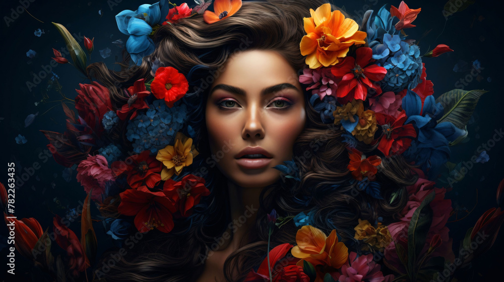 A woman is surrounded by flowers and her face is visible