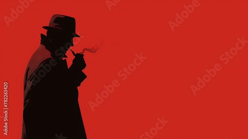Minimalist silhouette of a detective with a pipe and hat against a stark, solid color background