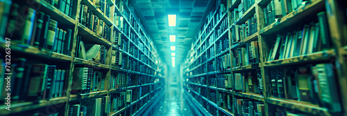 Modern Business and Education Library, Sleek Interior with Rows of Books and Data Storage, Blurred Background Concept
