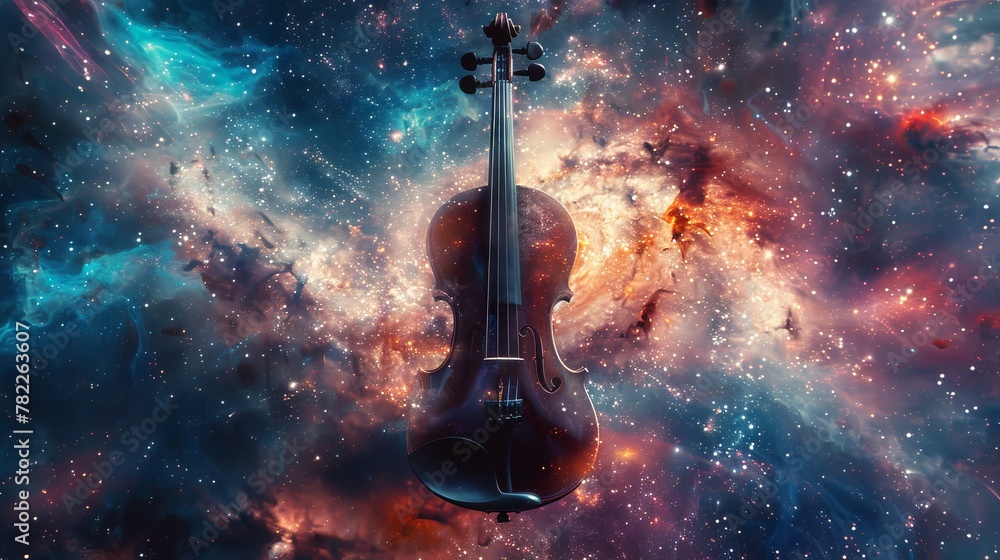Violin with cosmic strings, galaxy swirl body, floating in starlit space, vibrant nebulas in the background, whimsical and clear