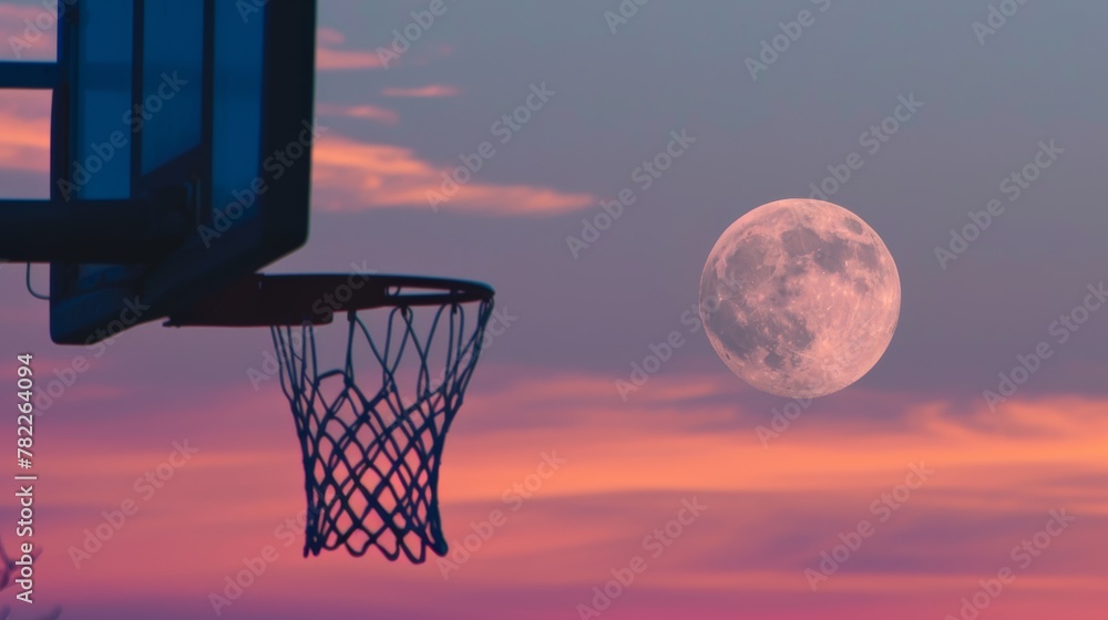 Basketball hoop against twilight sky and full moon