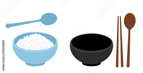 Rice bowls, spoons and chopsticks icon set isolated on white background vector.