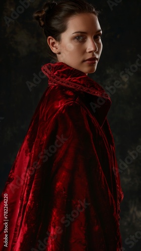 A portrait of a model draped in a luxurious velvet cloak, the rich texture highlighted by the soft studio lighting, conveying a sense of mystery and allure.