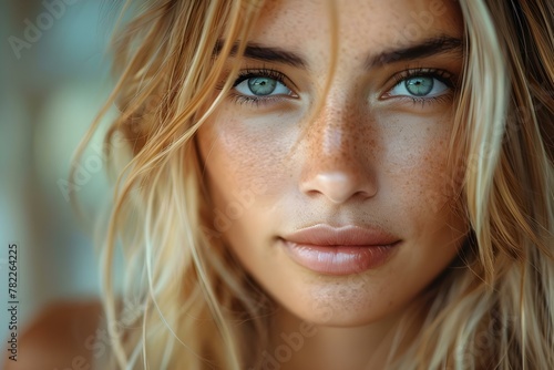 Serene Blonde Beauty - Intimate Gaze with Space for Text. Concept Blonde Beauty, Serene Portraits, Intimate Gaze, Space for Text
