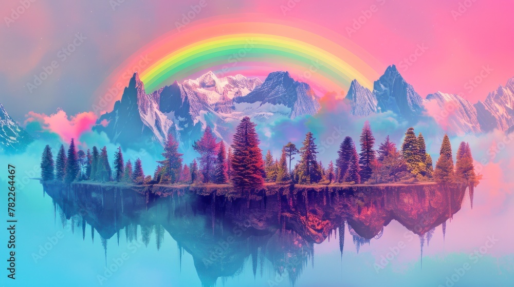 mountain with pine trees and a floating rainbow. NEON CONCEPT,retro,wallpaper,background,mountains,pine trees,sunset