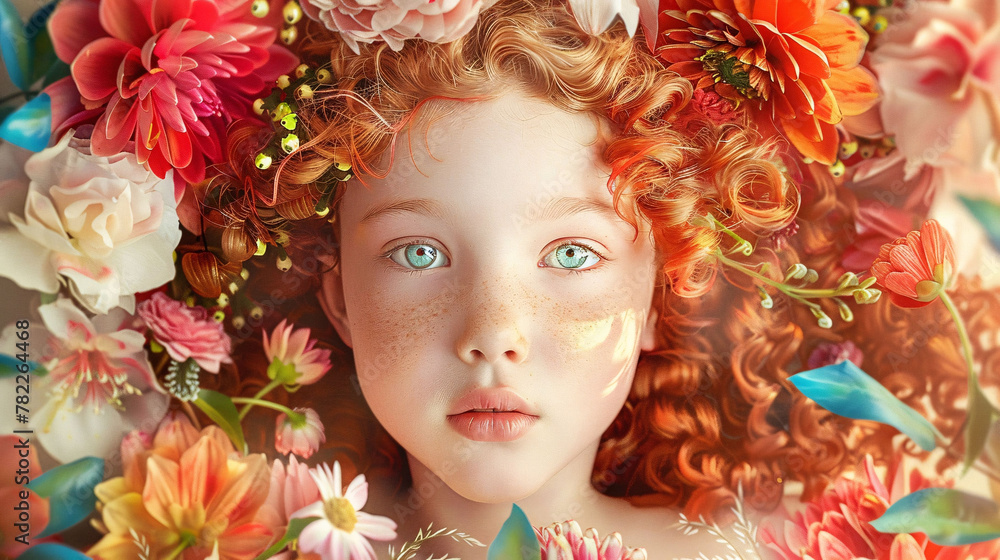 A young girl with red hair is surrounded by flowers