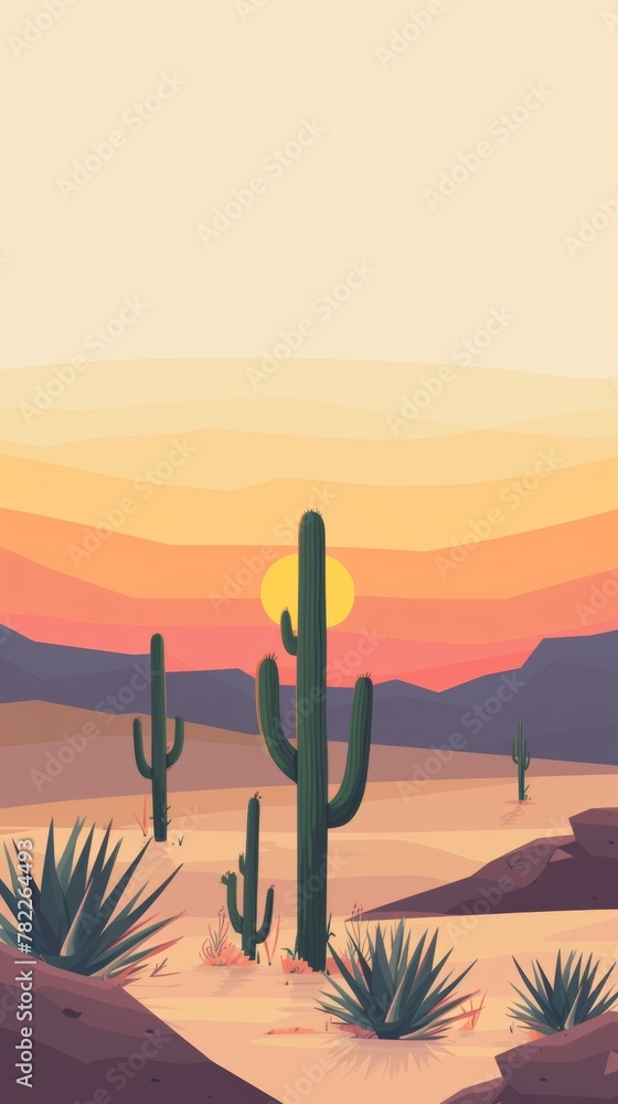 Fototapeta premium Desert landscape at sunset with cacti and mountains