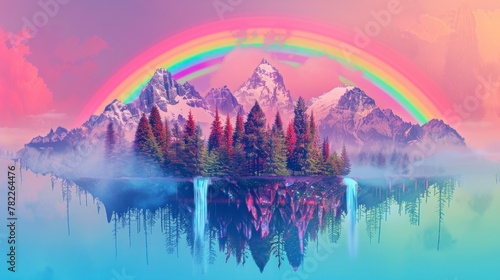 mountain with pine trees and a floating rainbow. NEON CONCEPT