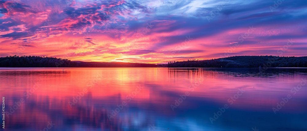 Fiery sky reflecting off tranquil waters, creating a stunning scene of natural beauty and serenity.