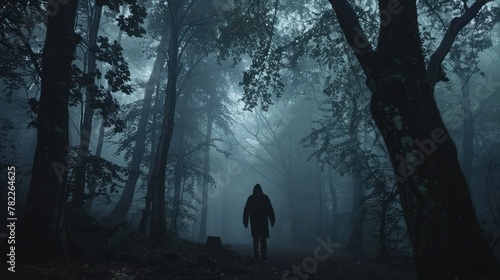 A shadowy silhouette walking through a misty forest, hinting at a mysterious presence,