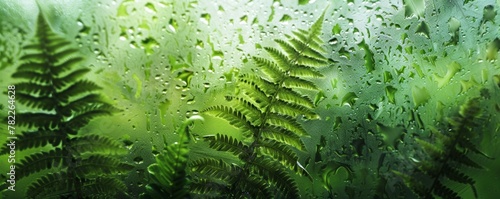 Green fern leaves behind wet glass with water droplets photo