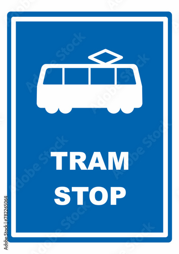 tram stop, white symbol on blue frame, vector road sign