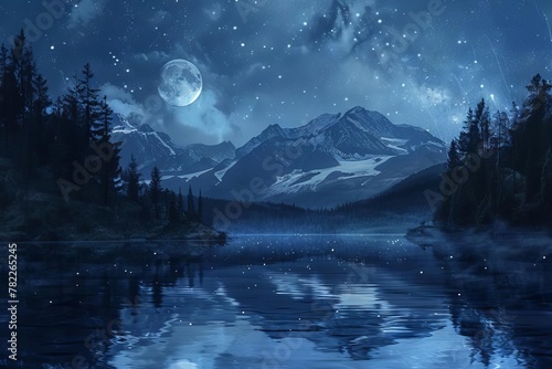 serene moonlit lake reflecting starry night sky and silhouettes of majestic mountains digital painting