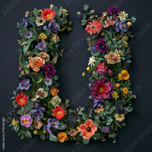 Beautiful floral alphabet isolated on black background. Letter U. Floral font.