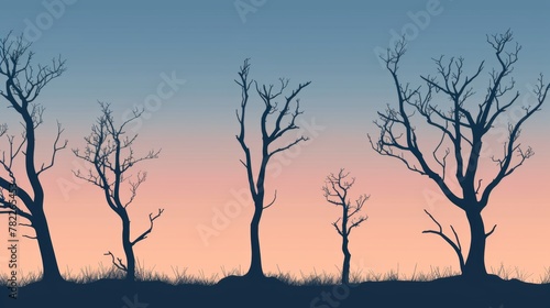 Silhouetted bare trees against a twilight sky
