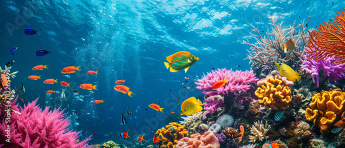 Colorful coral reef bustling with life, vibrant hues of purple, blue, yellow, and green underwater.