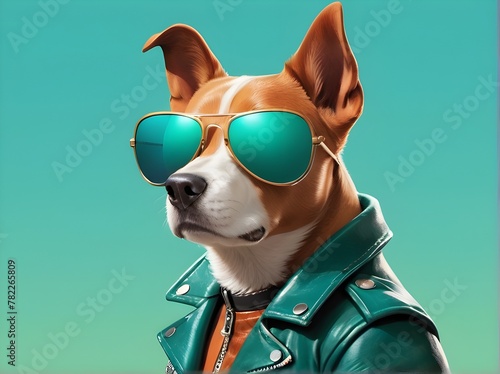 Color illustration of a fantasy dog character wearing sunglasses and leather jacket looking away on a green and turquoise background. Generative AI © Carlos