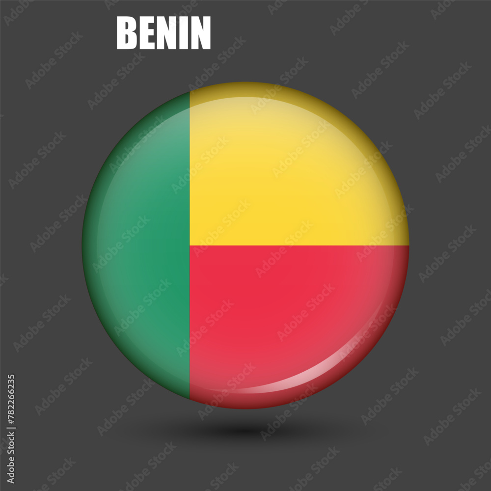 The national flag of Benin is in the shape of a circle.Vector.
Round 3d flag icon with high detail.
Spherical illustration of the flag. The national flag of Benin is in the shape of a circle.Vector.
Round 3d flag icon with high detail.
Spherical illustration of the flag.